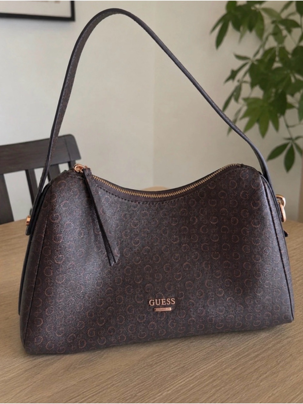 GUESS Dark Brown Logo Jacquard Shoulder Bag